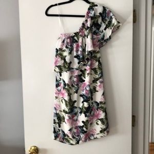 One shoulder ruffle tropical dress